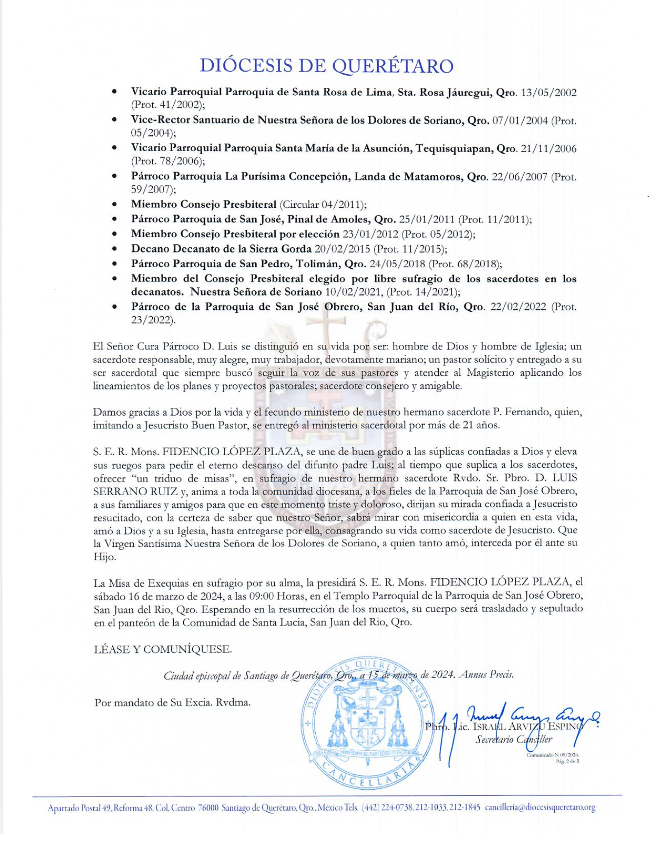 COMUNICADO N. 09/2024. Asunto: Sobre el sensible fallecimiento del Rvdo. Sr. Pbro. D. LUIS SERRANO RUIZ. 2